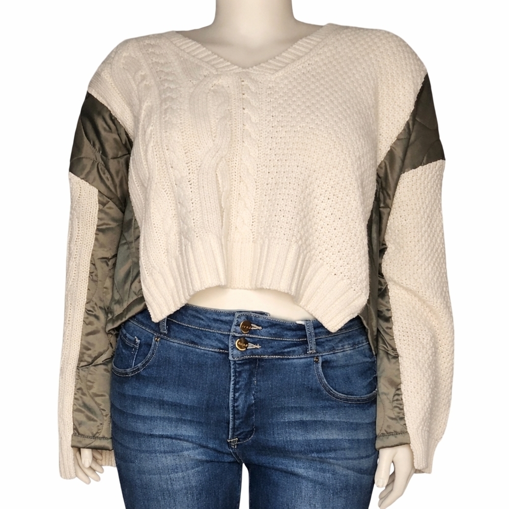 POL Ivory Cable Knit Sweater w Olive Quilted Sleeves Large NWOT
